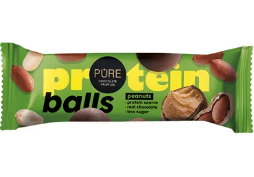 ŠOKOLĀDES TRIFELES PURE CHOCOLATE AR PROTEĪNA ZEMESRIEKSTU KRĒMU 40G