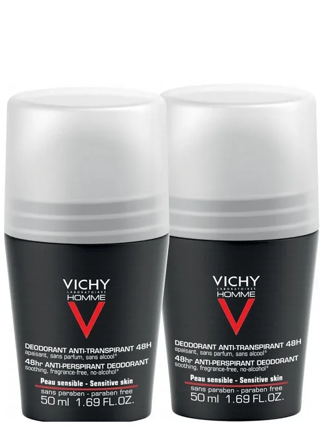 Vichy Homme dezodorants jutīgai ādai 48H - antiperspirants roll - on, 2 x 50 ml