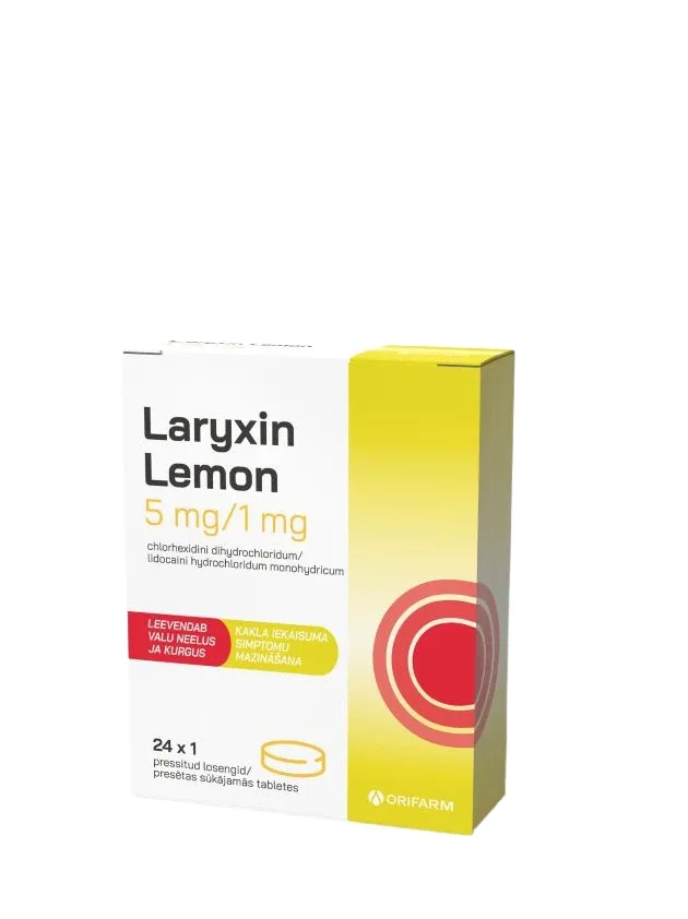 Laryxin lemon 5 mg/1 mg sūkājamās tabletes, 24 gb.