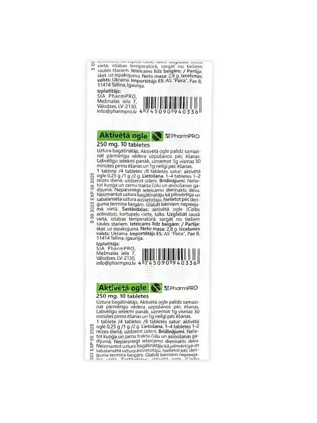 Aktivētā ogle 250 mg, 10 tabletes