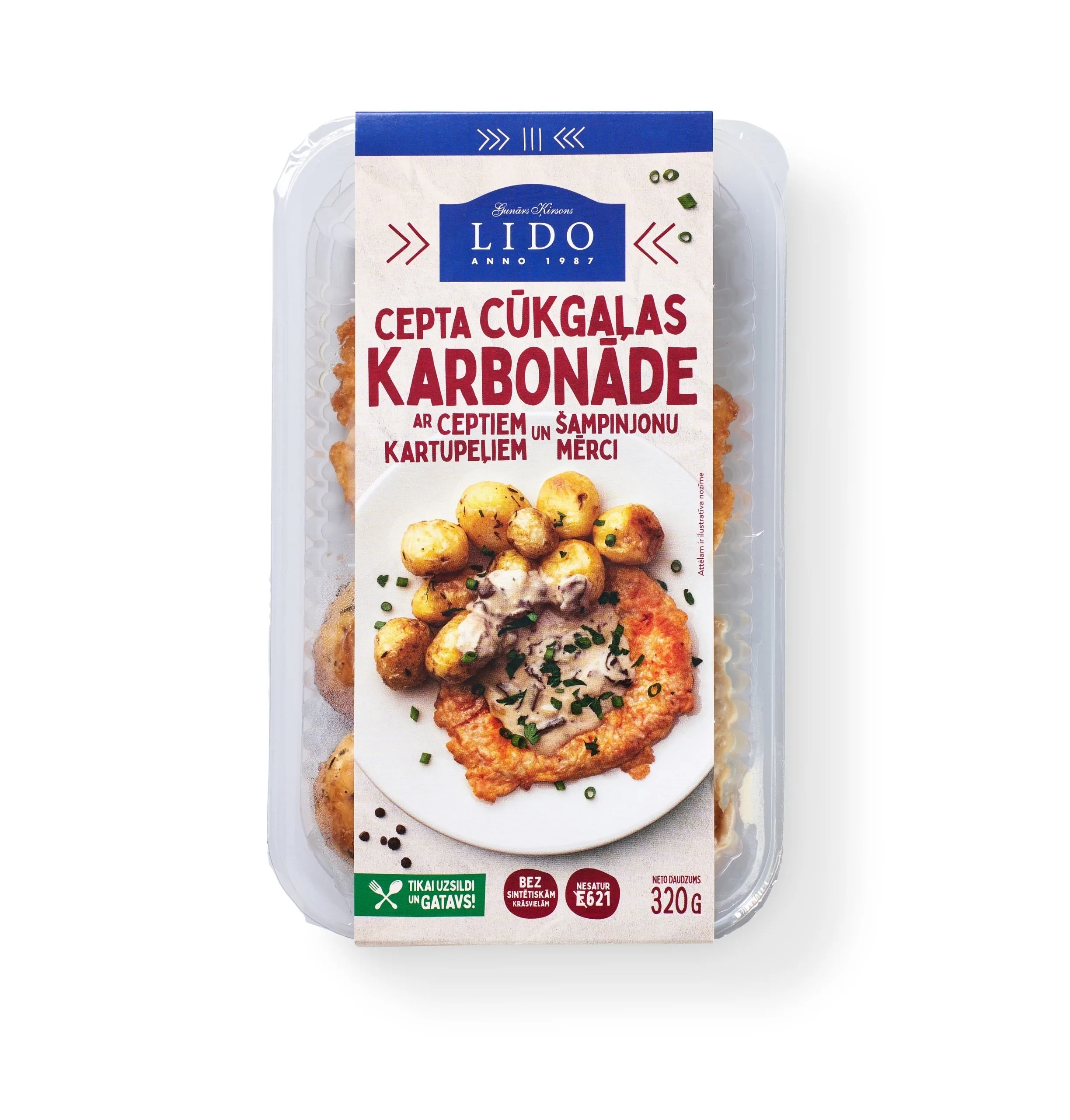 LIDO CŪKGAĻAS KARBONĀDE AR CEPTIEM KARTUPEĻIEM UN ŠAMPINJONU MĒRCI 320G
