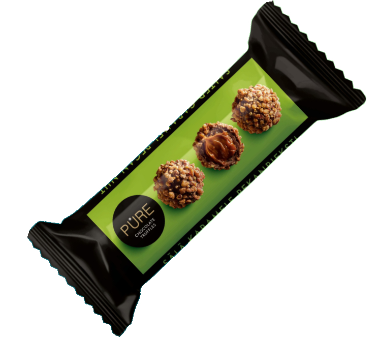 PIENA ŠOKOLĀDES TRIFELES AR SĀĻĀS KARAMELES KRĒMA PILDĪJUMU UN PEKANRIEKSTA DEKORU 38G, PURE