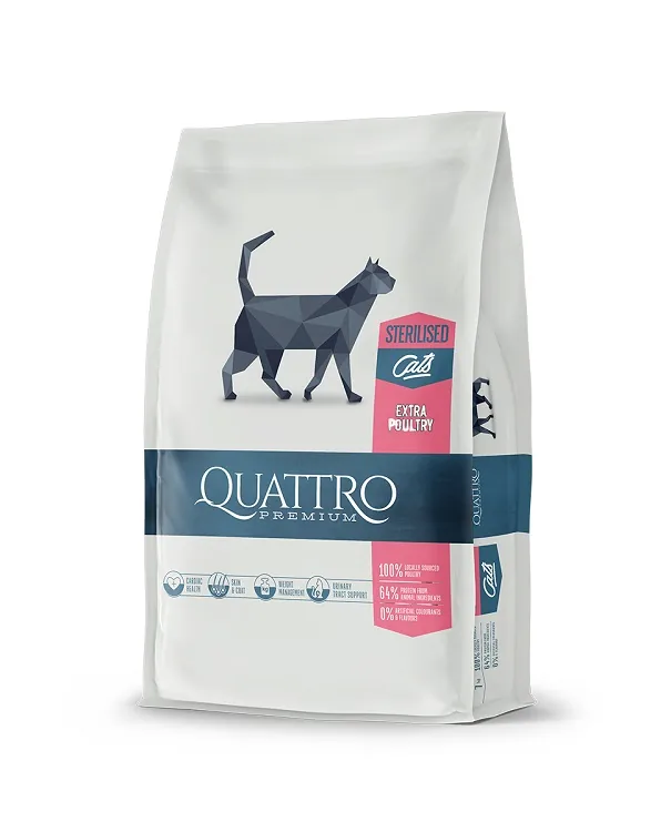 SAUSĀ BARĪBA STERILIZĒTIEM KAĶIEM QUATTRO PREMIUM, VISĀM SUGĀM, AR MĀJPUTN, 1.5KG