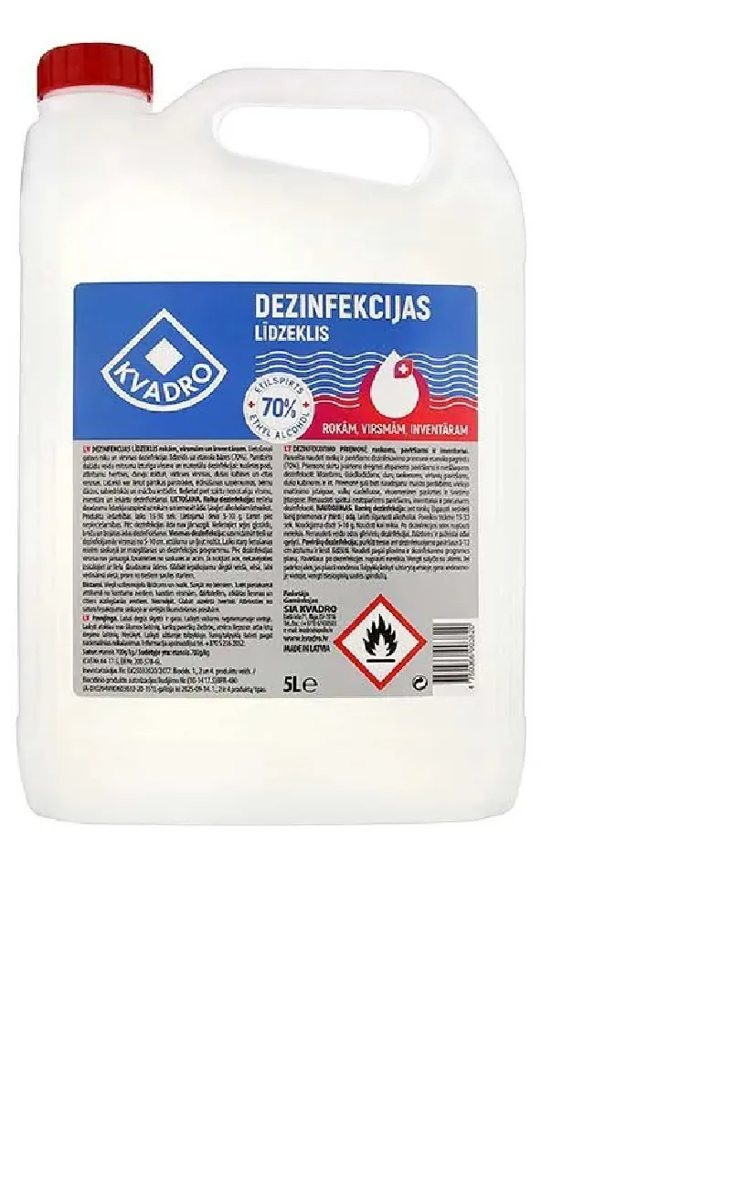 DEZINFEKCIJAS LĪDZEKLIS KVADRO, ROKĀM, VIRSMĀM, INVENTĀRAM (ETANOLS 70%), 5L