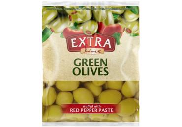 ZAĻĀS OLĪVAS PILDĪTAS AR SARKANIEM PIPARIEM EXTRA LINE 195G