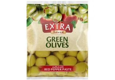 ZAĻĀS OLĪVAS PILDĪTAS AR SARKANIEM PIPARIEM EXTRA LINE 195G