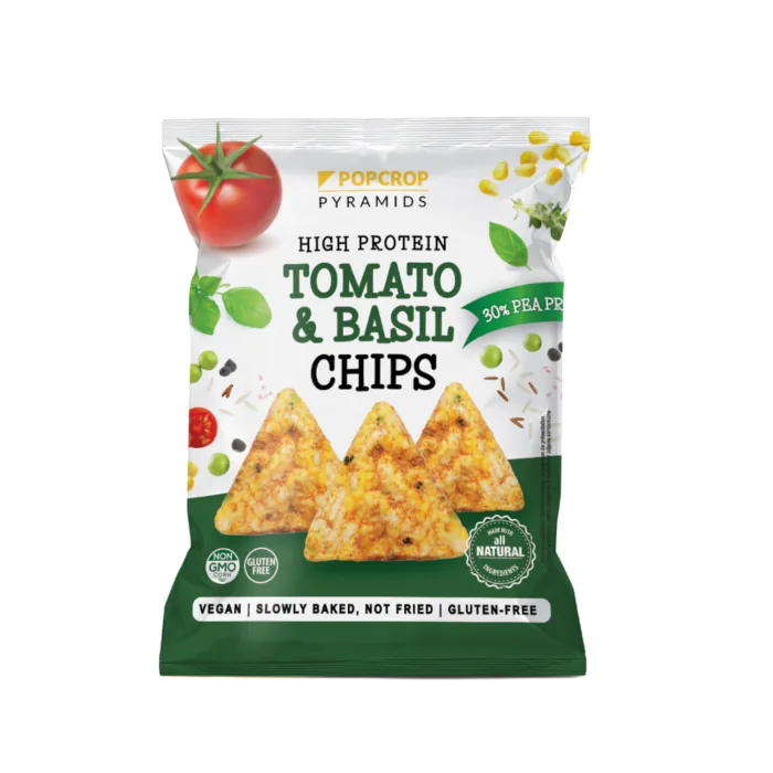 PROTEĪNA ČIPSI POPCROP AR TOMĀTU UN BAZILIKA GARŠU BEZ GLUTĒNA UN LAKTOZES 60G
