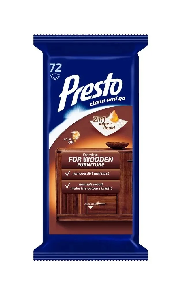 TĪRĪŠANAS SALVETES PRESTO CLEAN, KOKA VIRSMĀM, 72GAB