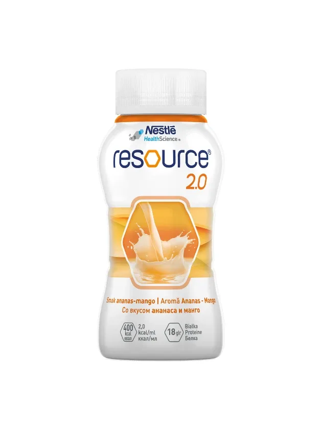 Nestle Resource 2.0 pārtika medicīniskiem nolūkiem ar mango-ananāsu garšu, 4 x 200 ml