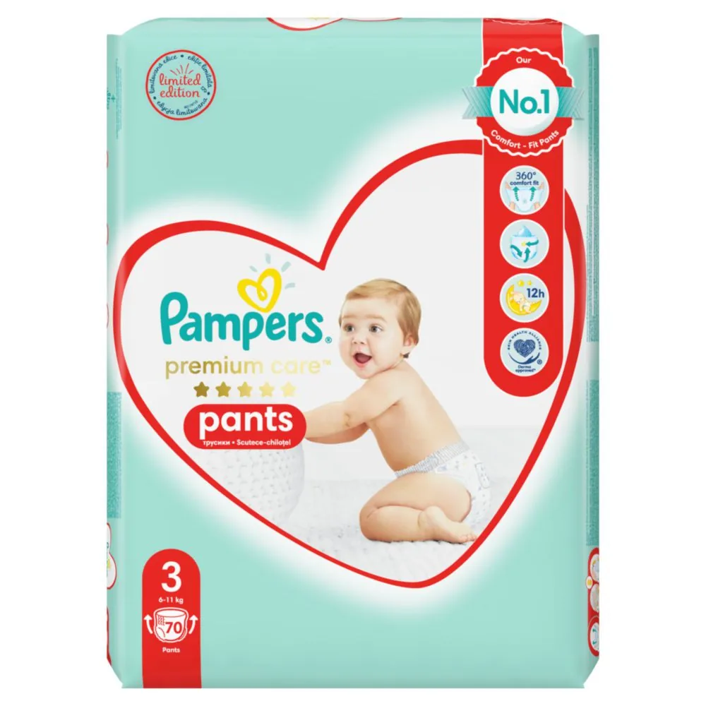 AUTIŅBIKSĪTES-BIKSĪTES PAMPERS PREMIUM CARE PANTS, JUMBO PACK PLUS, 3. IZMĒRS, 70 GAB.