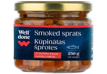 KŪPINĀTAS ŠPROTES TOMĀTU MĒRCĒ WELL DONE 250G