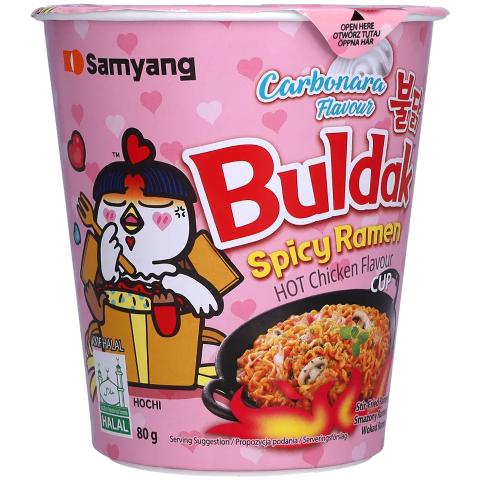 ĀTRI PAGATAVOJAMAS NŪDELES SAMYANG RAMEN BULDAK HOT CHICKEN CARBONARA, GLĀZĒ, 80G