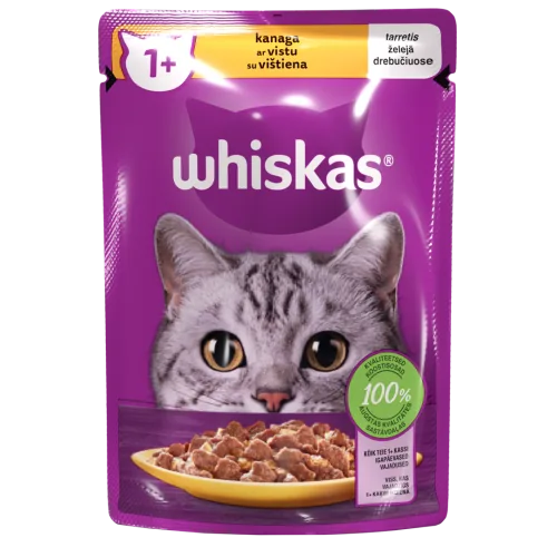 BARĪBA KAĶIEM KONS. WHISKAS ADULT 1+ AR CĀĻA GAĻU 85G