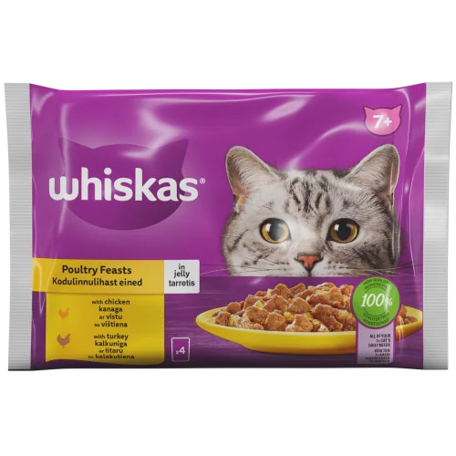 BARĪBA KAĶIEM KONS.WHISKAS 4PAKA 7+AR MĀJPUT.GAĻAS IZL.85GX4