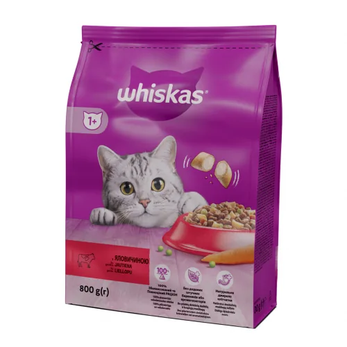 BARĪBA KAĶIEM SAUSĀ WHISKAS AR LIELLOPA GAĻU 800G