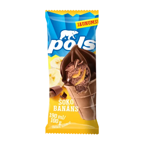 KRĒJUMA ŠOKOLĀDES SALDĒJUMS POLS AR BANĀNU PILDĪJUMU UN GLAZŪRU VAFEĻU GLĀZĪTĒ 190ML/100G