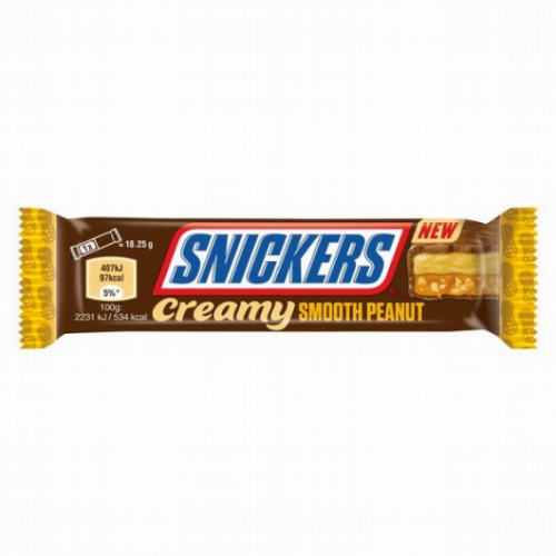 ŠOKOLĀDES BATONIŅŠ SNICKERS CREAMY AR ZEMESRIEKSTU SVIESTA UN KARAMEĻU PILDĪJUMU UN APCEPTIEM ZEMESRIEKSTIEM 37G