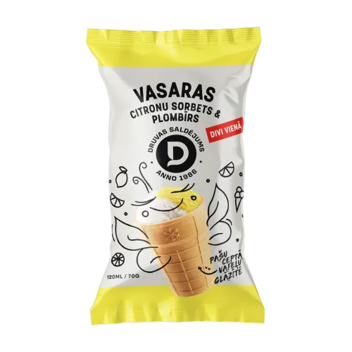 CITRONA SORBETS UN PLOMBĪRA SALDĒJUMS DRUVAS SALDĒJUMS VAFEĻU GLĀZĪTĒ 120ML/70G