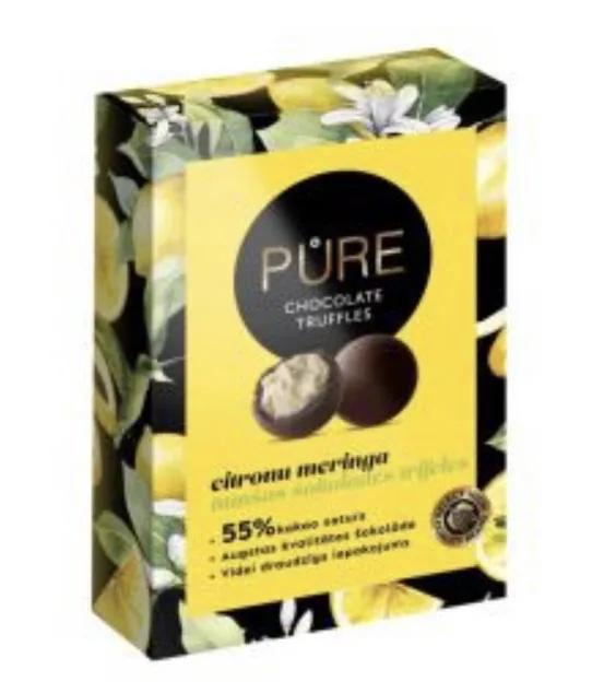 TUMŠĀS ŠOKOLĀDES TRIFELES PURE CHOCOLATE AR KRAUKŠĶĪGO CITRONU MERINGAS KRĒMA PILDĪJUMU 148G