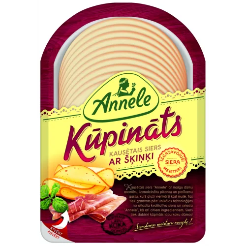 KŪPINĀTS KAUSĒTAIS SIERS AR ŠĶIŅĶI „ANNELE“ (SAGRIEZTS ŠKELĒS), 45% TAUKU SATURS SAUSNĀ, 150G