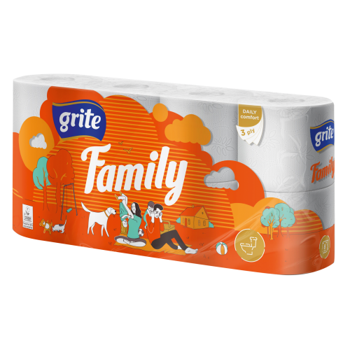 TUALETES PAPĪRS GRITE FAMILY 3 KĀRTU 8 RUĻĻI