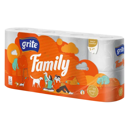 TUALETES PAPĪRS GRITE FAMILY 3 KĀRTU 8 RUĻĻI