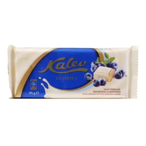 BALTĀ ŠOKOLĀDE KALEV AR RĪSU PĀRSLĀM UN MELLENĒM 95G