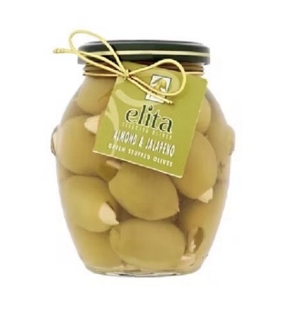 ZAĻĀS OLĪVAS ELITA, BEZ KAULINŅEM, AR MANDELEM UN HALAPENJO, 592G/215G