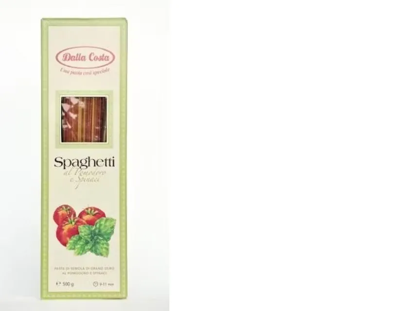 MAKARONI SPAGETI DALLA COSTA NO CIETO KVIEŠU MANNAS PUTR. AR TOMĀTIEM UN SPINĀTIEM, 500G