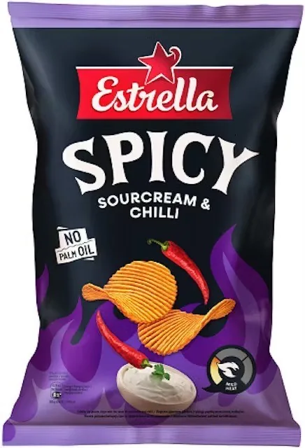 RIEVOTA GRIEZUMA KARTUPEĻU ČIPSI AR SKĀBĀ KRĒJUMA UN ČILI PIPARU GARŠU ESTRELLA 115G