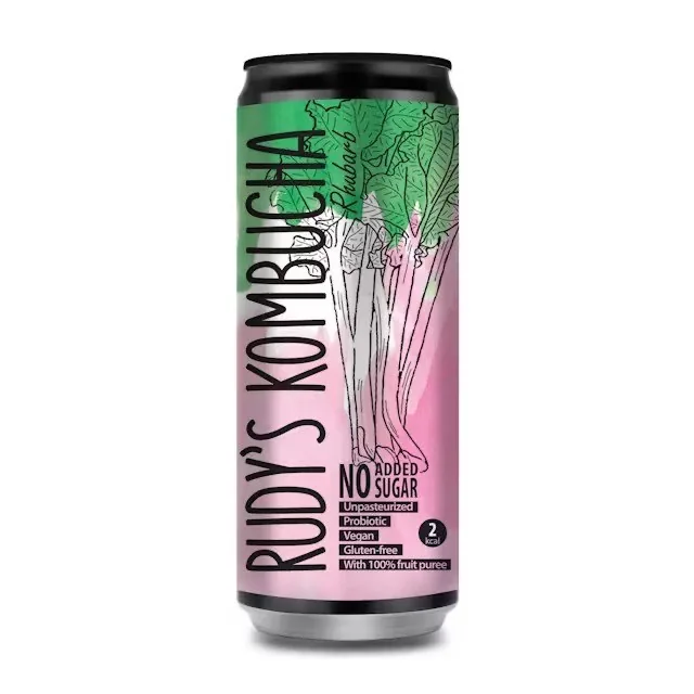 TĒJAS DZĒRIENS RUDY’S KOMBUCHA RHUBARB, BEZ CUKURA, BUNDŽĀ, 0.33L (DEP)