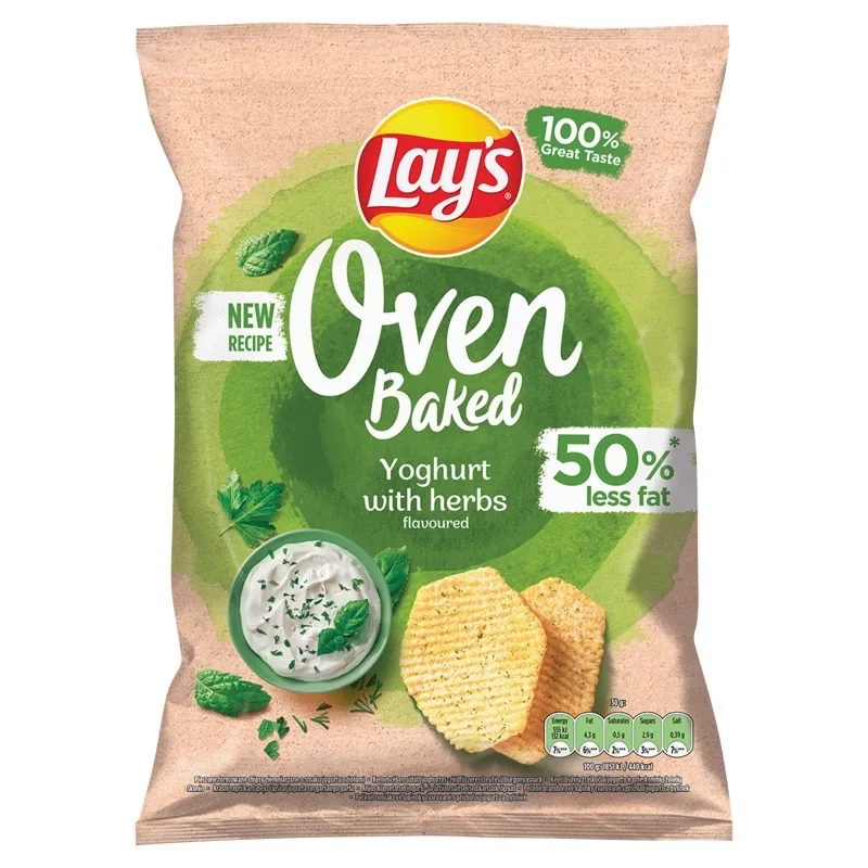 KRĀSNĪ CEPTI KARTUPEĻU ČIPSI LAY'S AR JOGURTA UN ZAĻUMU GARŠU 110G