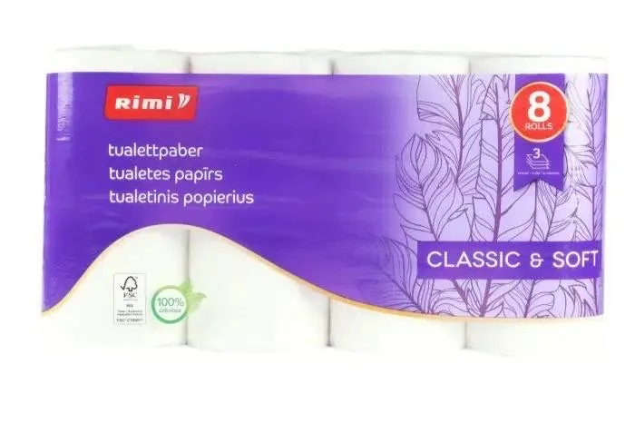 TUALETES PAPĪRS RIMI 145 SLOKSNES, 3 SLĀŅI, 8 RUĻĻI