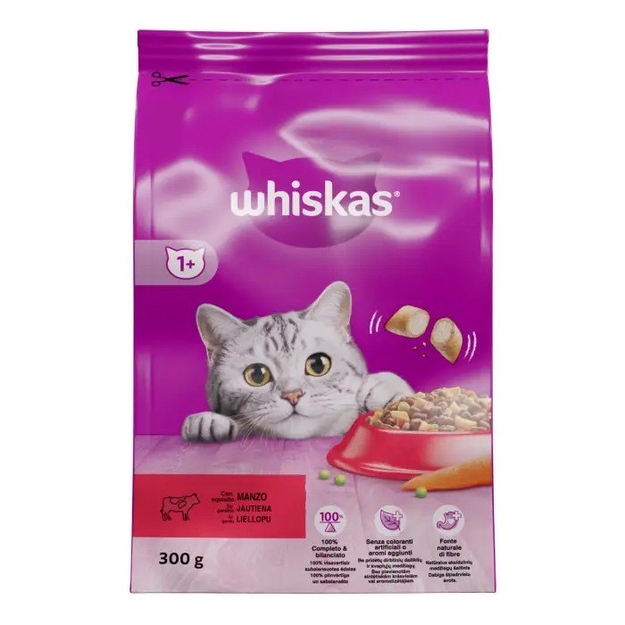 BARĪBA KAĶIEM SAUSĀ AR LIELLOPA GAĻU 300G, WHISKAS