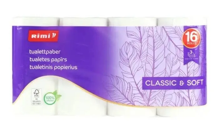 TUALETES PAPĪRS RIMI 145 SLOKSNES, 3 SLĀŅI, 16 RUĻĻI