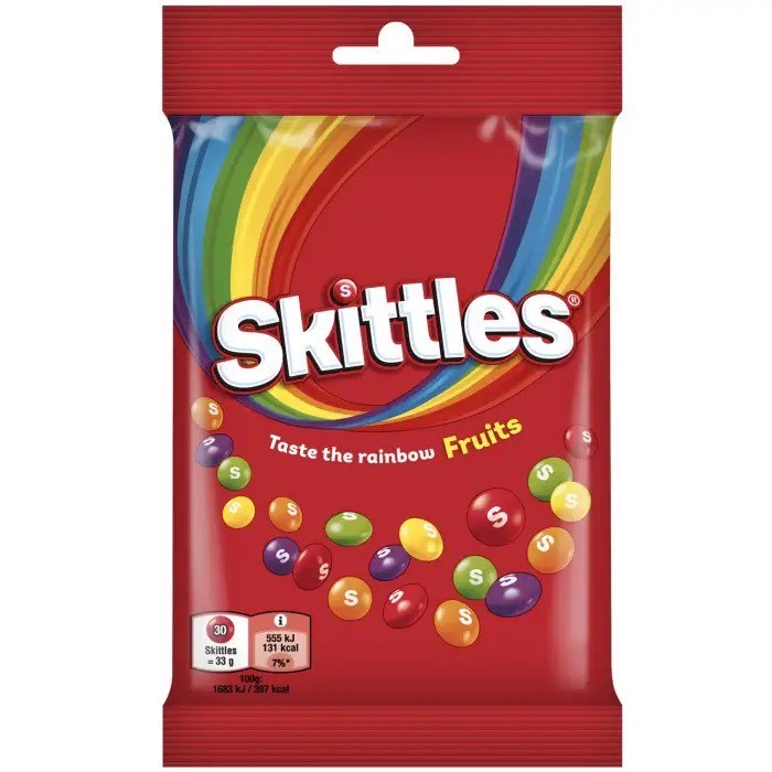 KOŠĻĀJAMĀS KONFEKTES SKITTLES FRUIT KRAUKŠĶĪGĀ CUKURA GLAZŪRĀ AR AUGĻU GARŠU 95G