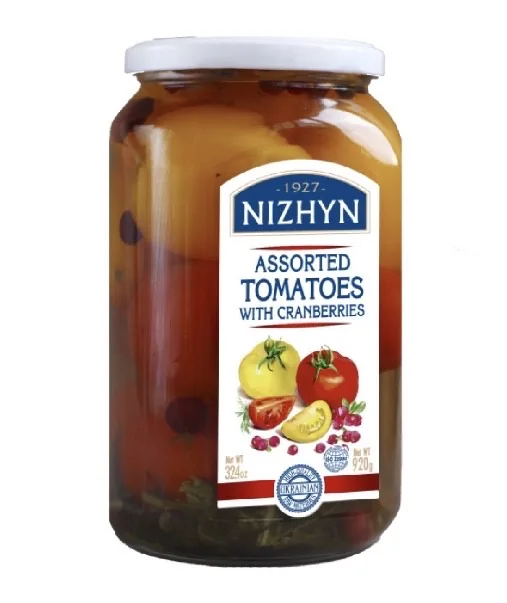 TOMĀTI, MARINĒTI, DZELTENIE UN SARKANIE NIZHYN AR DZĒRVENĒM, 920G/524G