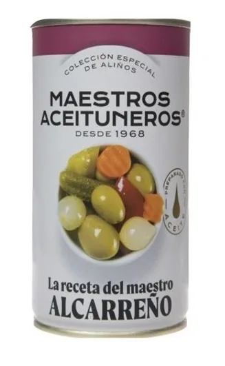 ZAĻĀS OLĪVAS MAESTROS ACEITUNEROS, AR SARKANO ČILLI, GURĶĪŠIEM, BURKĀNIEM, SĪPOLIEM, 350/185G
