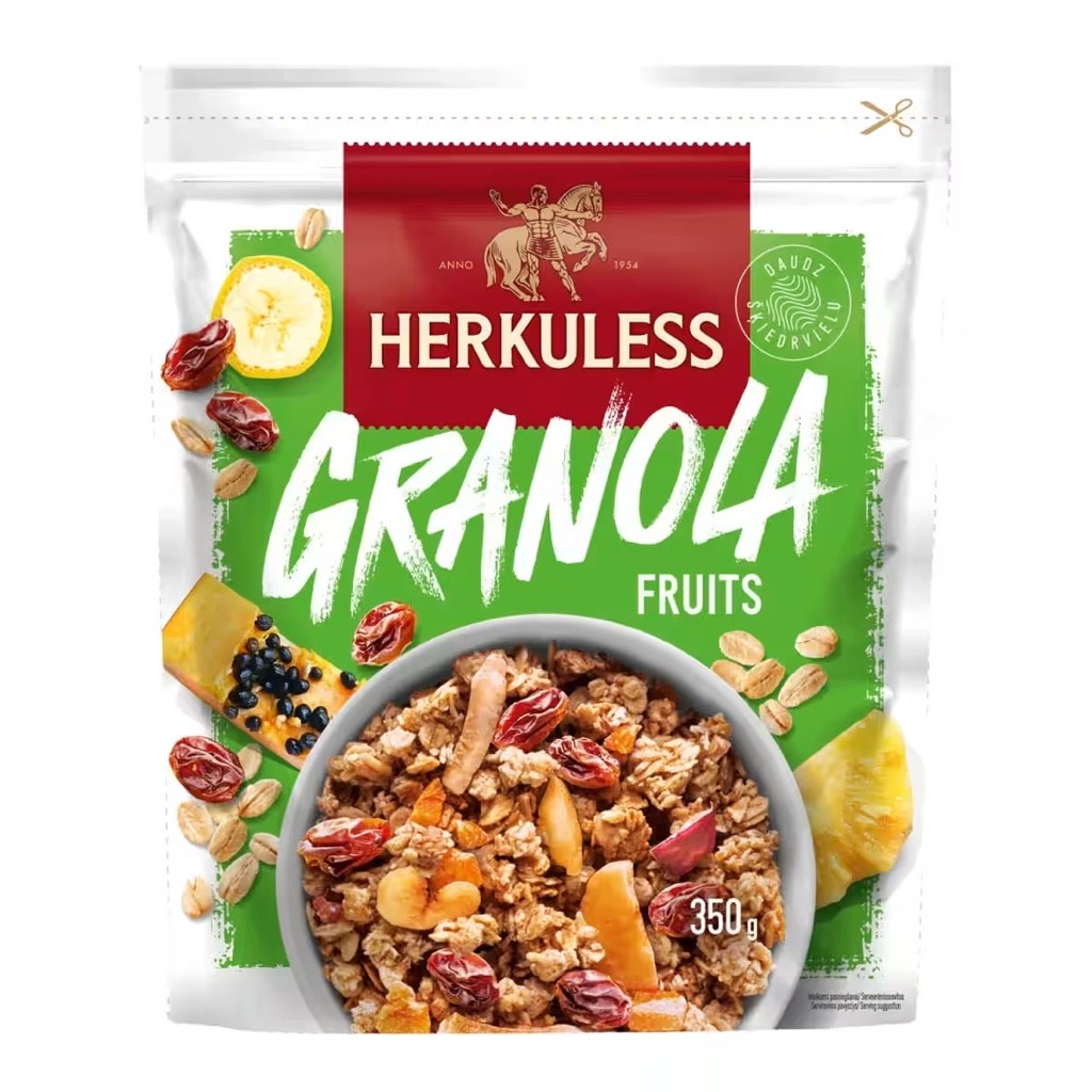 GRANOLA MUSLIS HERKULESS GRAUZDĒTS AR AUGĻIEM 350G