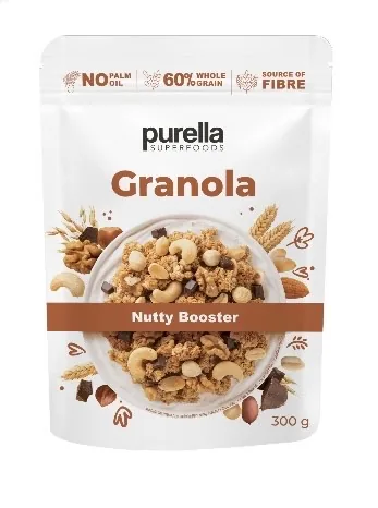 GRANOLA MUSLI PURELLA AR MEDU, KAKAO UN ŠOKOLĀDES GABALIŅIEM, 300G