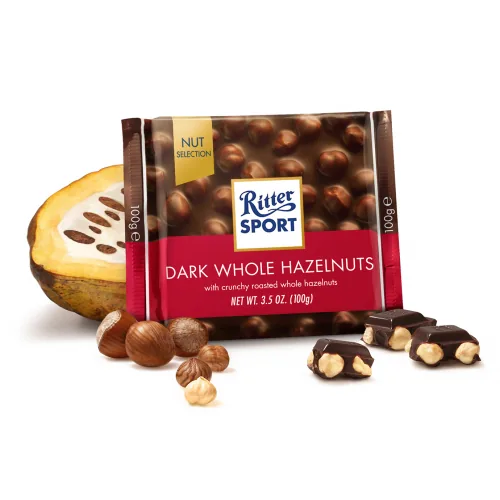 MELNĀ ŠOKOLĀDE RITTER SPORT AR VESELIEM LAZDU RIEKSTIEM 100G