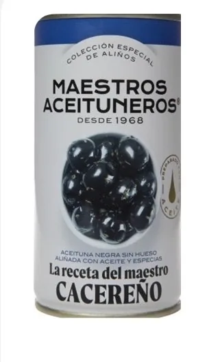LIELAS, MELNĀS OLĪVAS, BEZ KAULIŅIEM MAESTROS ACEITUNEROS, AR EĻĻU UN GARŠVIELĀM, 320G/150G