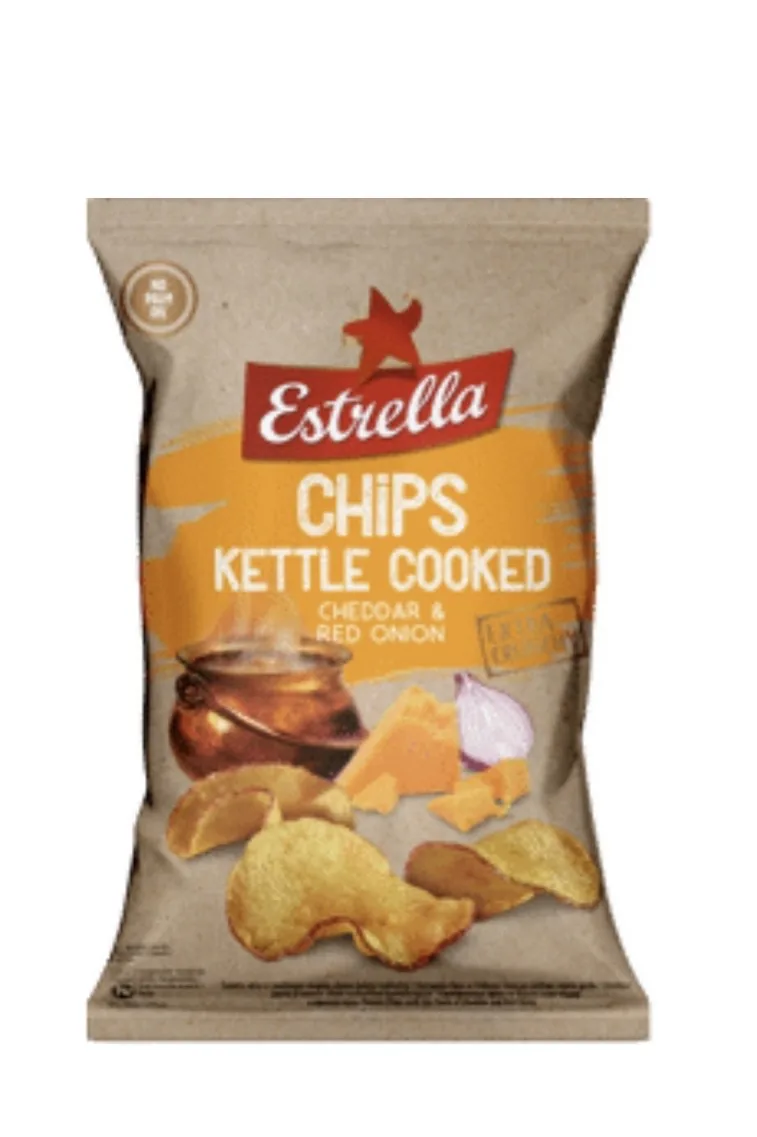 KARTUPEĻU ČIPSI ESTRELLA AR ČEDARAS SIERA UN SARKANO SĪPOLU GARŠU 120G