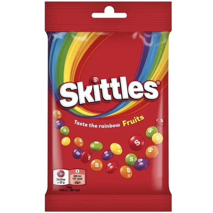 KOŠĻĀJAMĀS KONFEKTES SKITTLES FRUIT KRAUKŠĶĪGĀ CUKURA GLAZŪRĀ AR AUGĻU GARŠU 95G